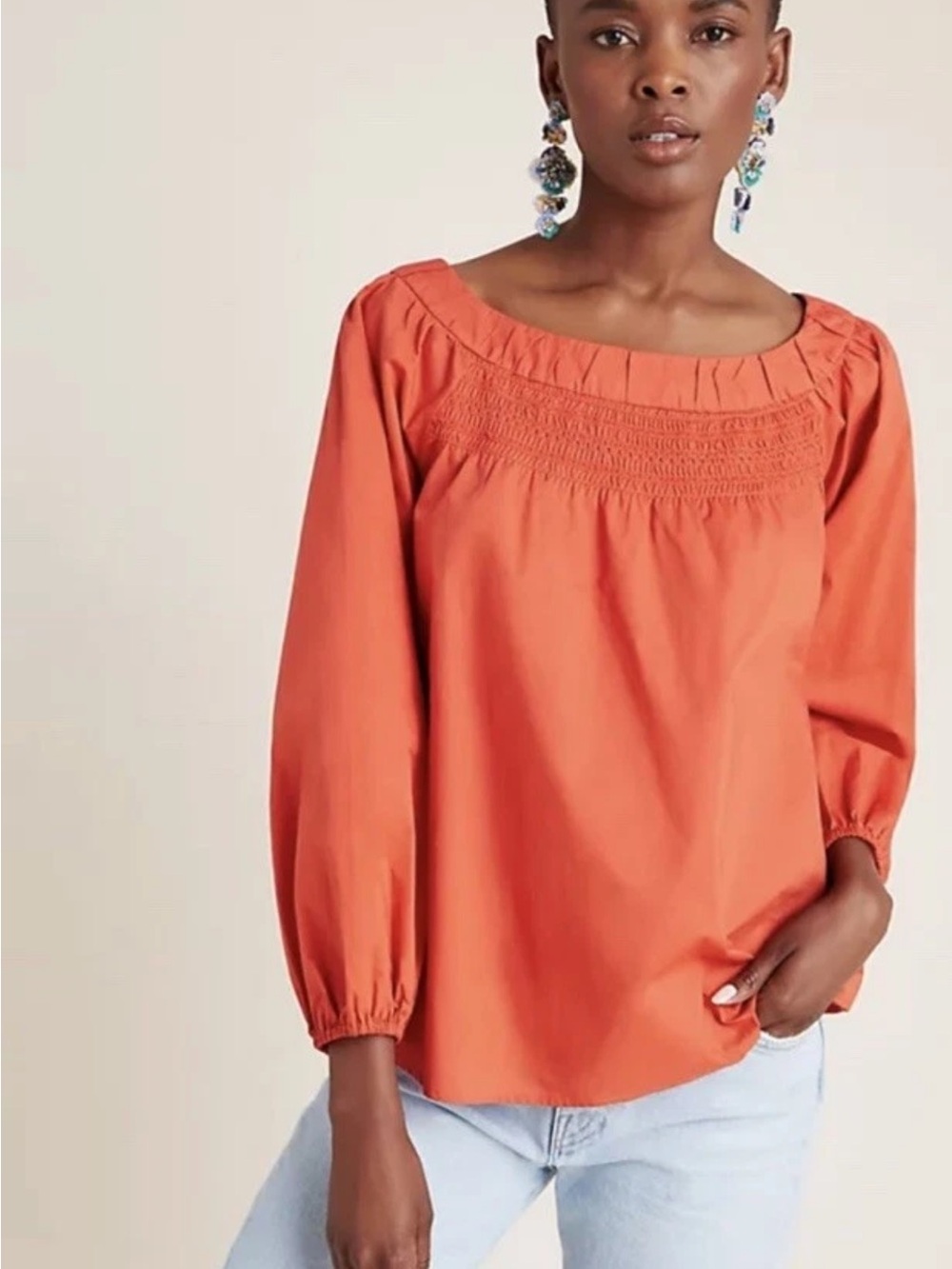 NWT Maeve by Anthropologie Coral Smocked Neck Blouse Balloon Sleeve XS